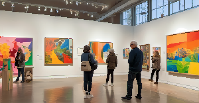 A diverse group of visitors exploring a colorful art gallery filled with various artworks and sculptures, illuminated by natural light.