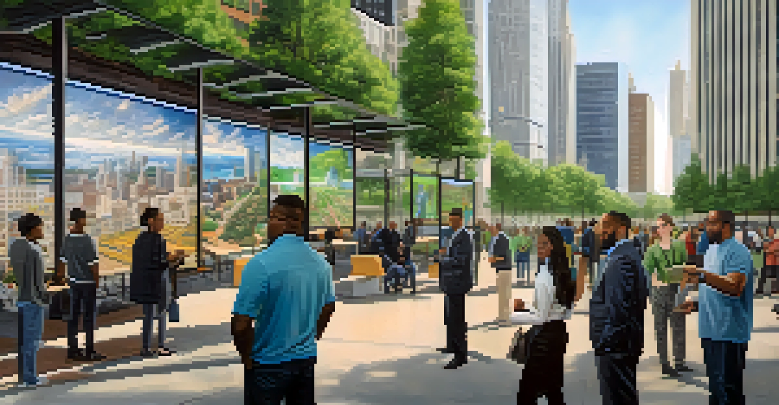 Diverse individuals working together on a tech project in Detroit, surrounded by modern technology and green spaces, showcasing collaboration and innovation.