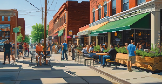 A lively street in Corktown, Detroit, featuring historic buildings, modern cafés, and colorful murals with people enjoying the atmosphere.