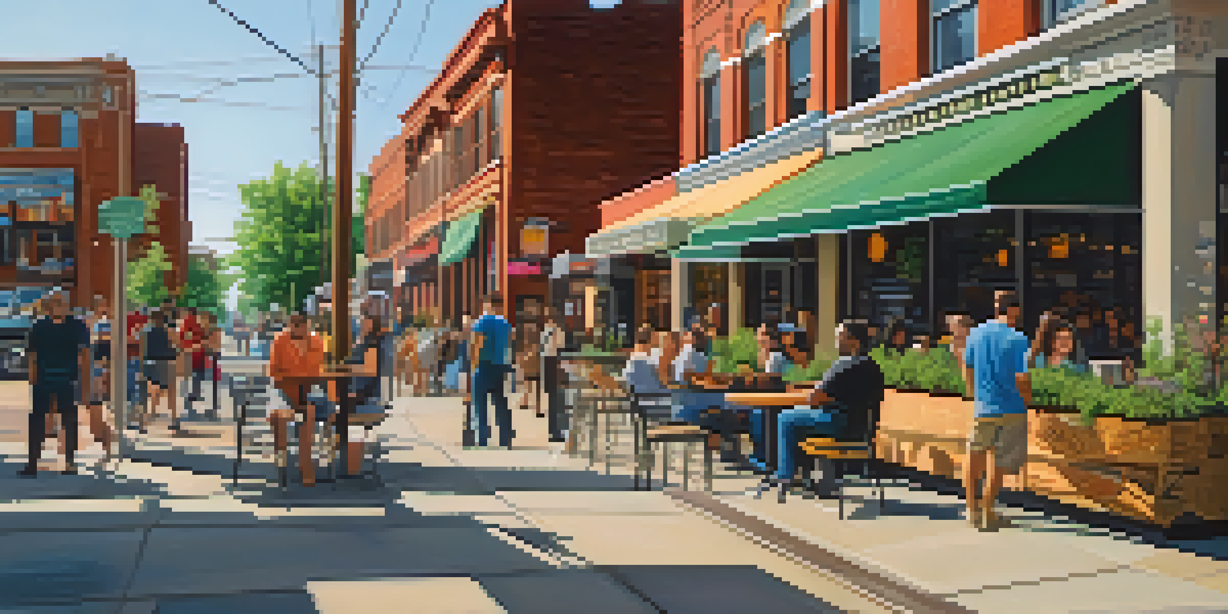A lively street in Corktown, Detroit, featuring historic buildings, modern cafés, and colorful murals with people enjoying the atmosphere.