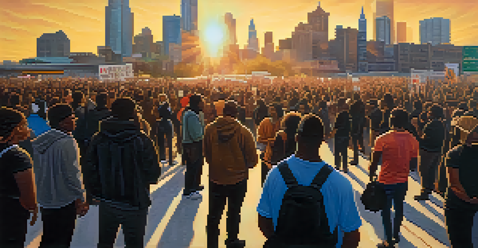 Activists in downtown Detroit holding signs for social justice, with the city skyline in the background during sunset.