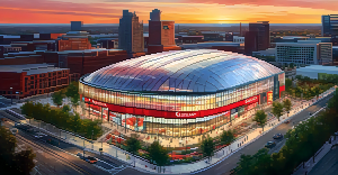 Aerial view of Little Caesars Arena in Detroit at sunset, with the arena's glass facade reflecting the colorful sky and surrounding buildings illuminated.