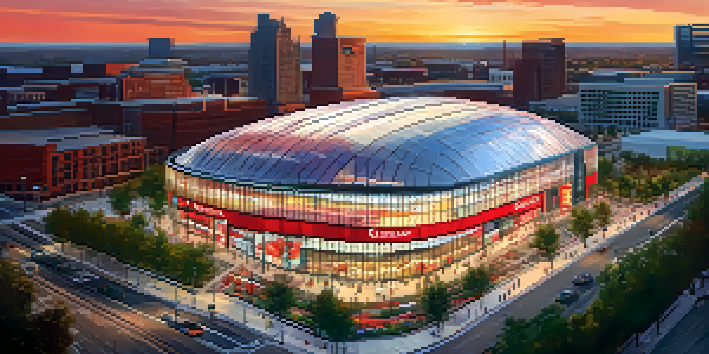 Aerial view of Little Caesars Arena in Detroit at sunset, with the arena's glass facade reflecting the colorful sky and surrounding buildings illuminated.