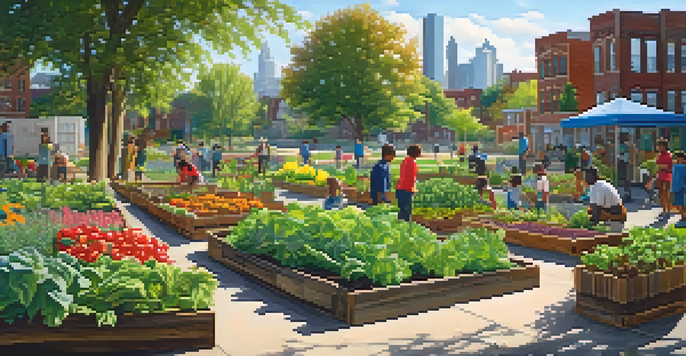 A lively community garden in Detroit, filled with colorful vegetables and flowers, with residents working together and children playing nearby.