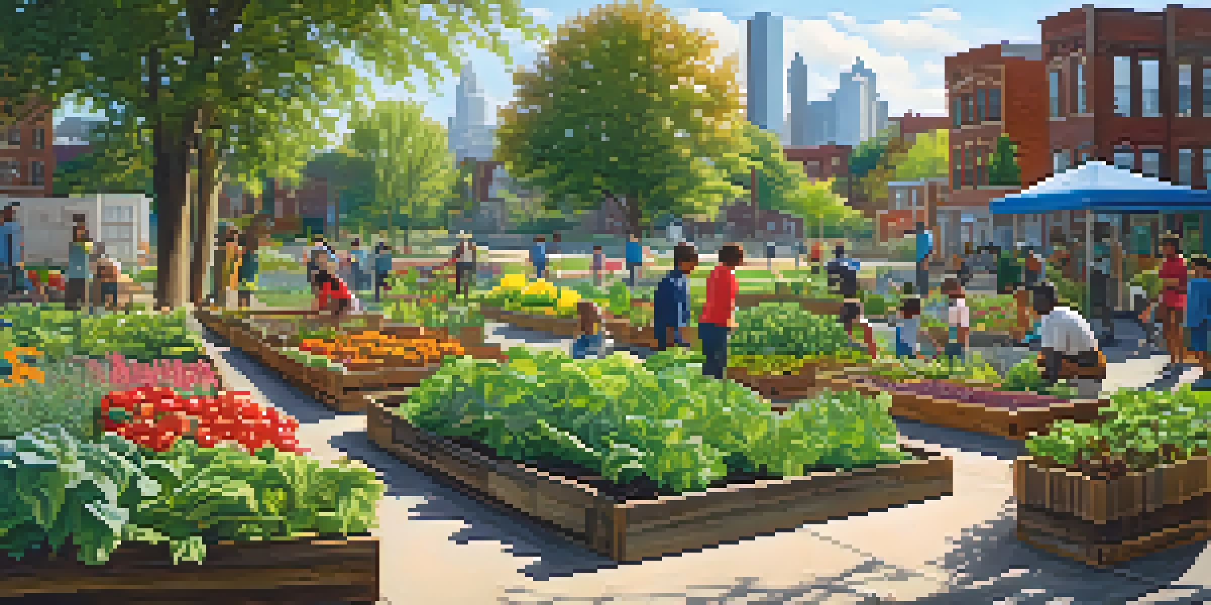 A lively community garden in Detroit, filled with colorful vegetables and flowers, with residents working together and children playing nearby.