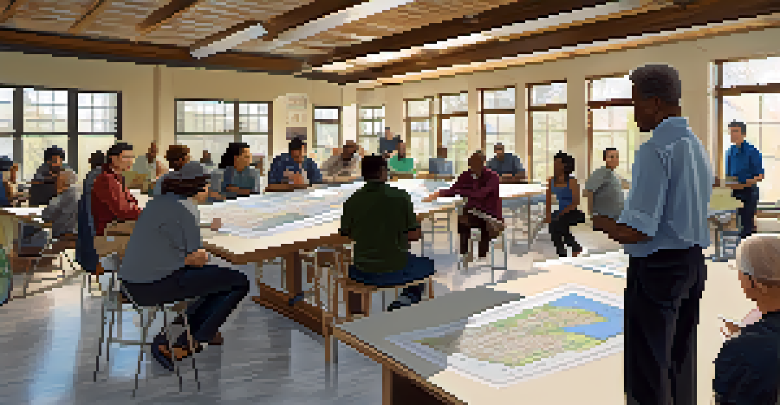A community workshop in Detroit with residents collaboratively discussing urban planning over maps and sketches.