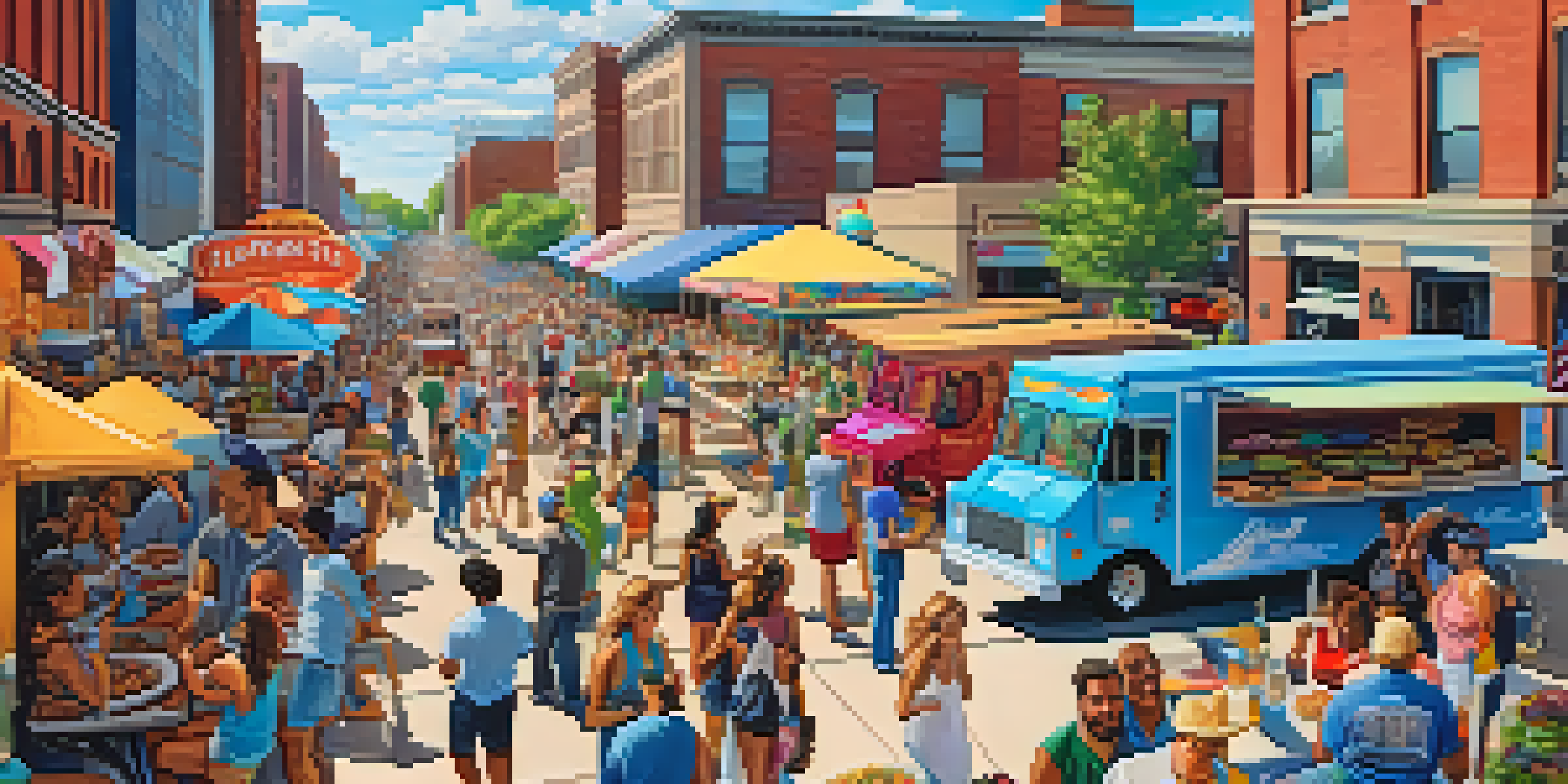 A lively food truck rally in Detroit with colorful food trucks and people enjoying various dishes.