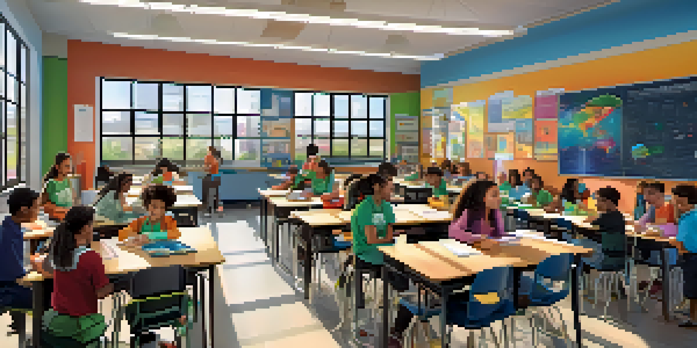 A lively classroom with diverse students working together on a STEM project, filled with colorful posters and natural light.