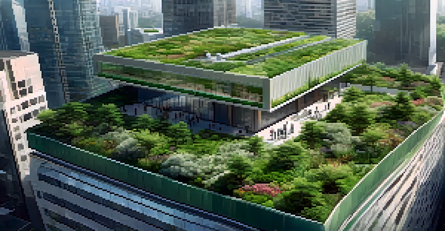 Aerial view of a corporate building with a green roof, featuring people enjoying the rooftop garden amidst a city skyline.