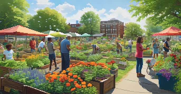 A community garden in Detroit with diverse plants and flowers, residents participating in composting, and warm sunlight illuminating the scene.
