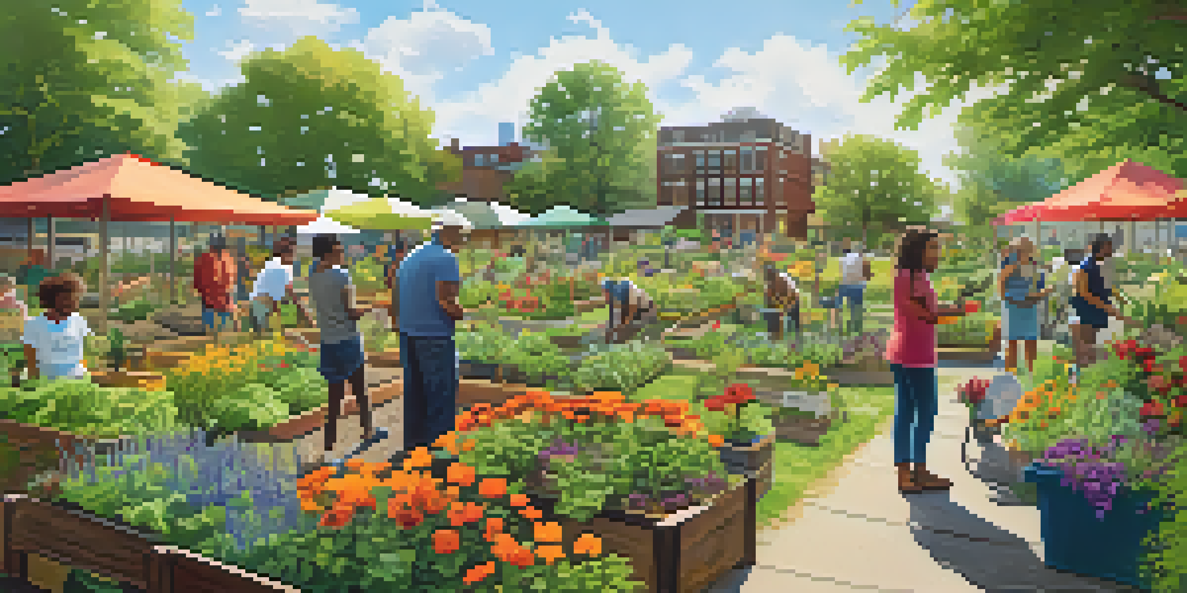 A community garden in Detroit with diverse plants and flowers, residents participating in composting, and warm sunlight illuminating the scene.