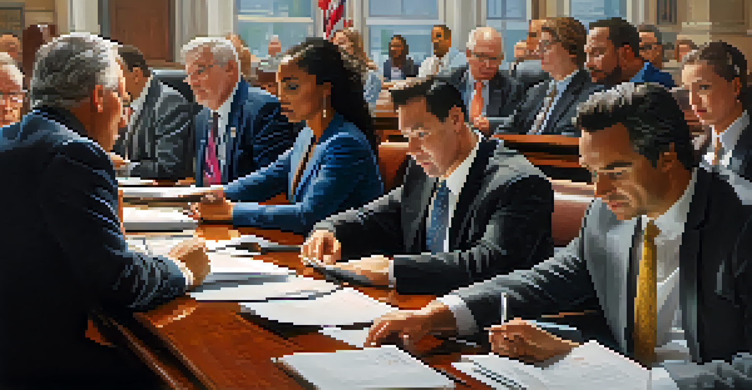A diverse group of individuals discussing important issues during a city council meeting, with documents spread out on the table.