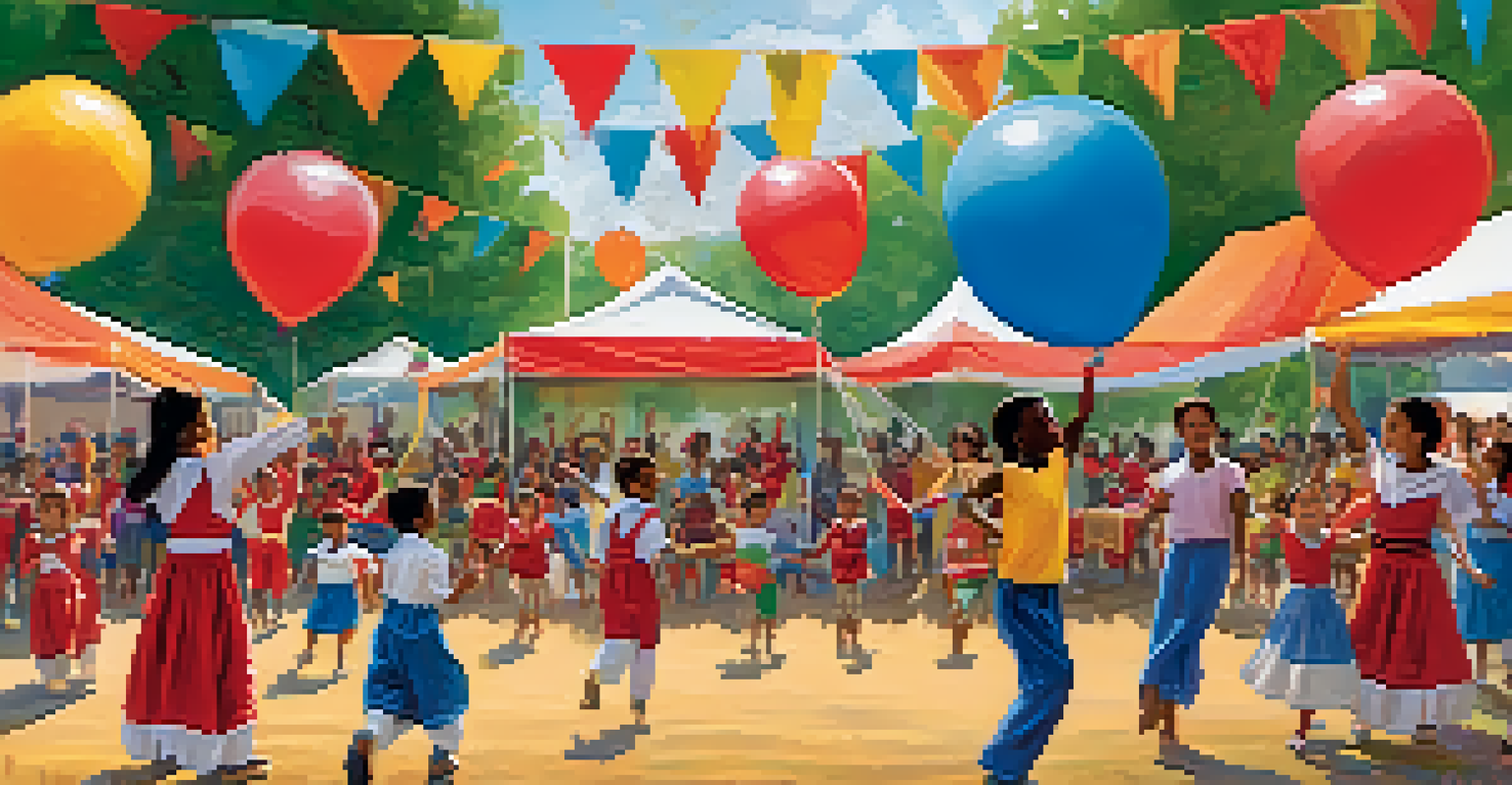 A community event with families and children enjoying cultural activities outside a charter school, with colorful tents and a performance stage.