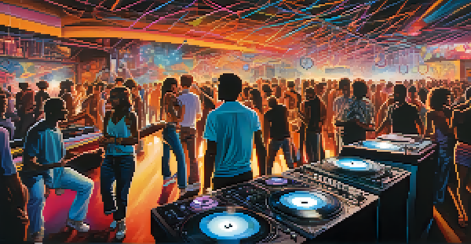 An underground techno club in Detroit with people dancing under colorful lights, a DJ in the background with turntables, and graffiti on the walls.