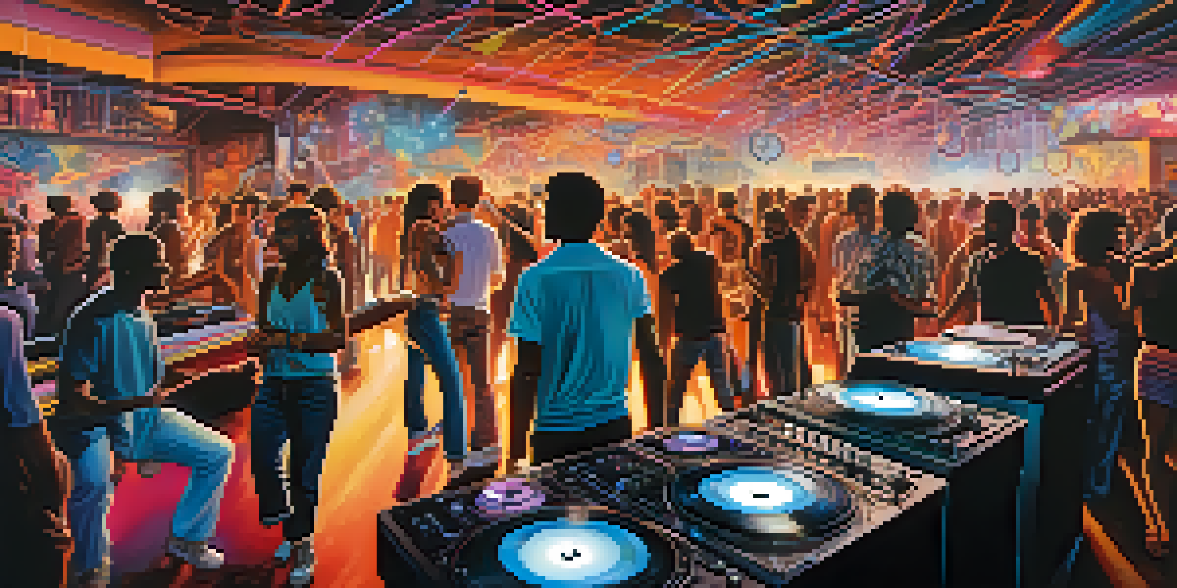 An underground techno club in Detroit with people dancing under colorful lights, a DJ in the background with turntables, and graffiti on the walls.