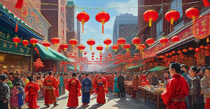 A bustling street scene showcasing a Lunar New Year festival with dragon dancers, lanterns, and excited crowds in traditional attire.