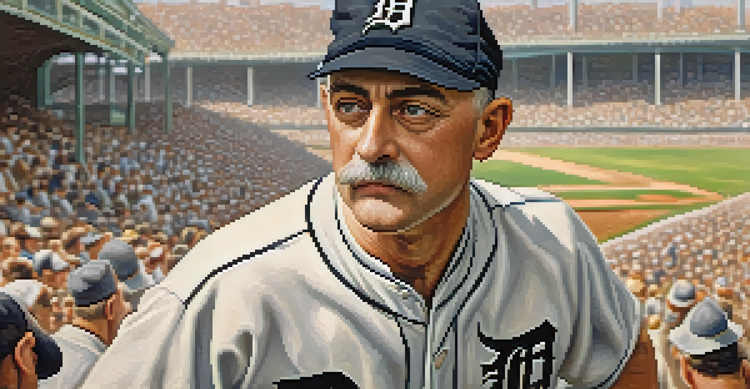 Close-up portrait of Ty Cobb in his baseball uniform with a blurred ballpark background.