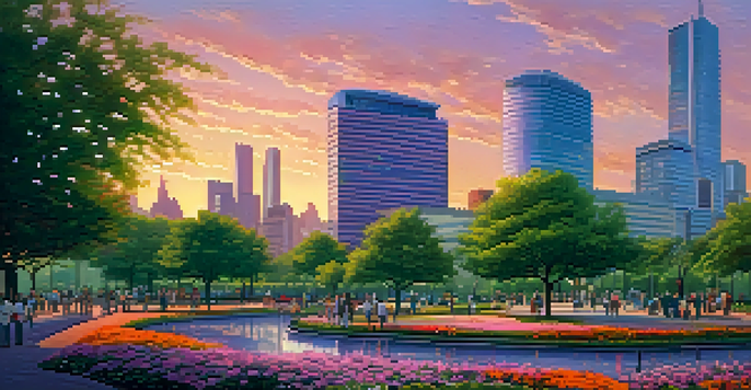 A colorful city skyline during sunset with modern buildings and green parks, featuring people enjoying the outdoors.