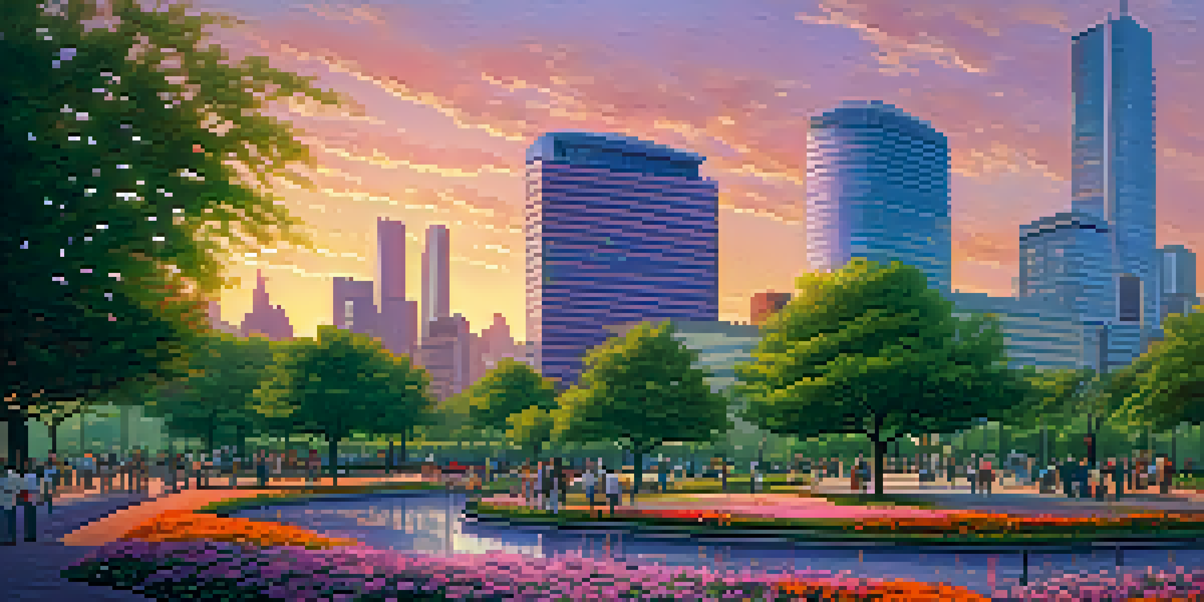 A colorful city skyline during sunset with modern buildings and green parks, featuring people enjoying the outdoors.