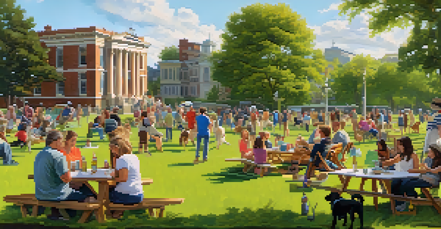 A lively scene at Palmer Park with dogs playing and people socializing in a community atmosphere.