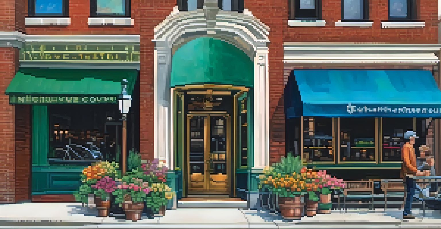 A historic district in Detroit showcasing restored vintage architecture alongside modern shops and cafes, filled with people enjoying the lively street.