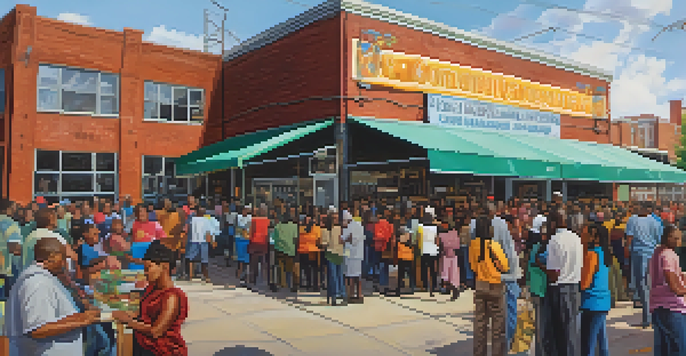 A community center in Detroit filled with diverse individuals participating in food distribution, job training, and workshops, with colorful banners and warm lighting.