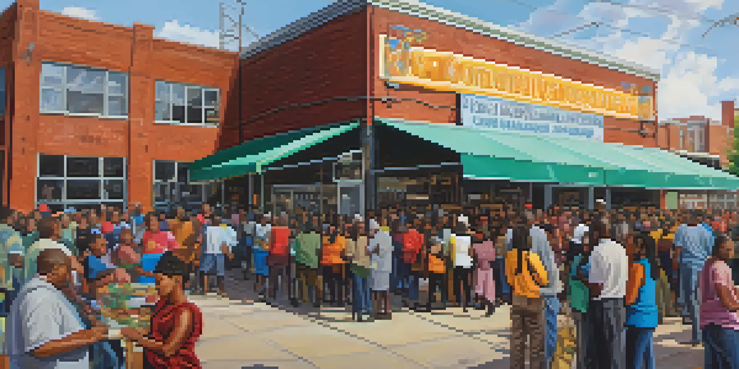 A community center in Detroit filled with diverse individuals participating in food distribution, job training, and workshops, with colorful banners and warm lighting.