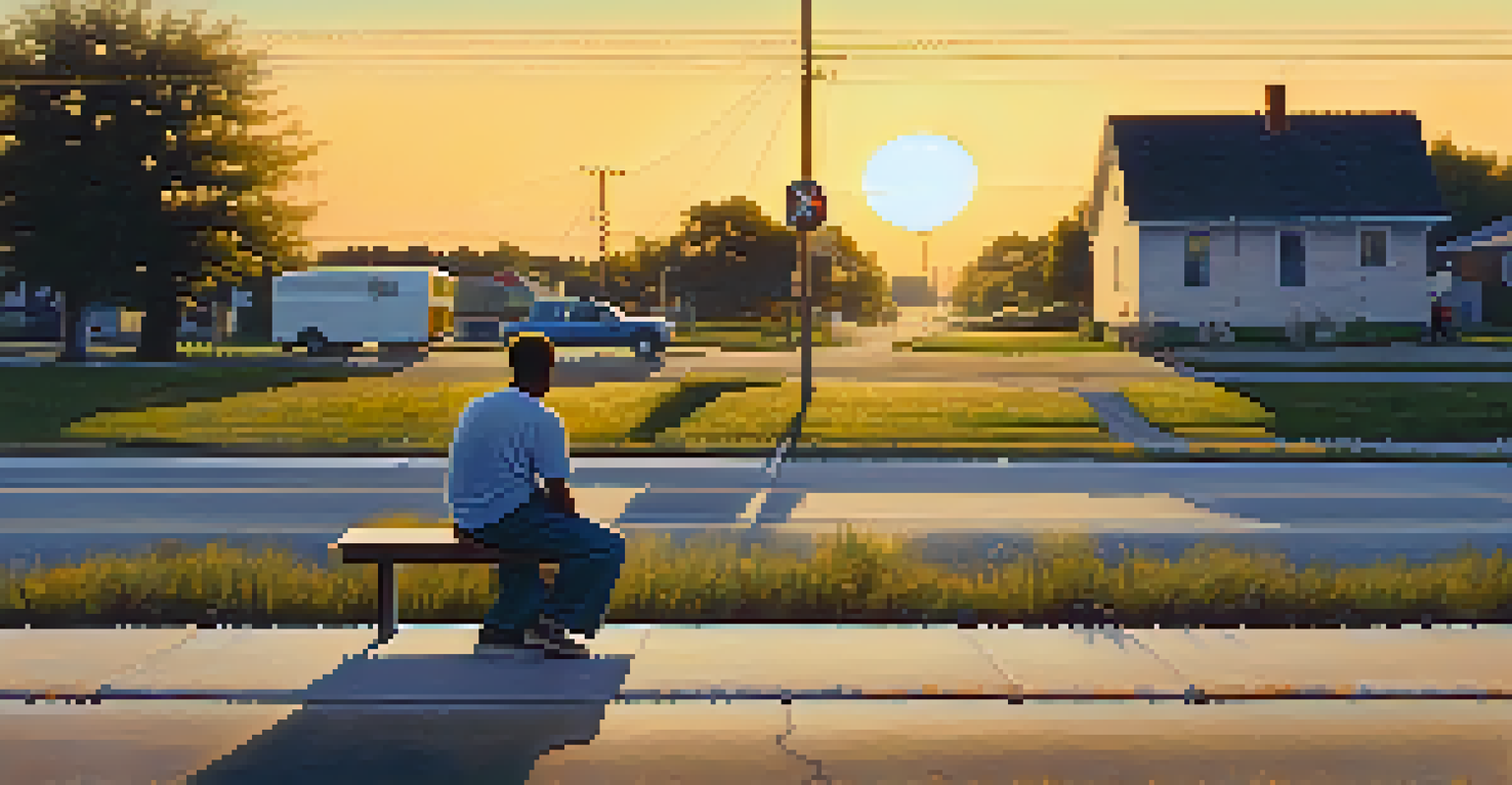 A person waiting at a rural bus stop in the outskirts of Detroit, with fields and houses in the background during a warm sunset, illustrating the challenges of healthcare access.