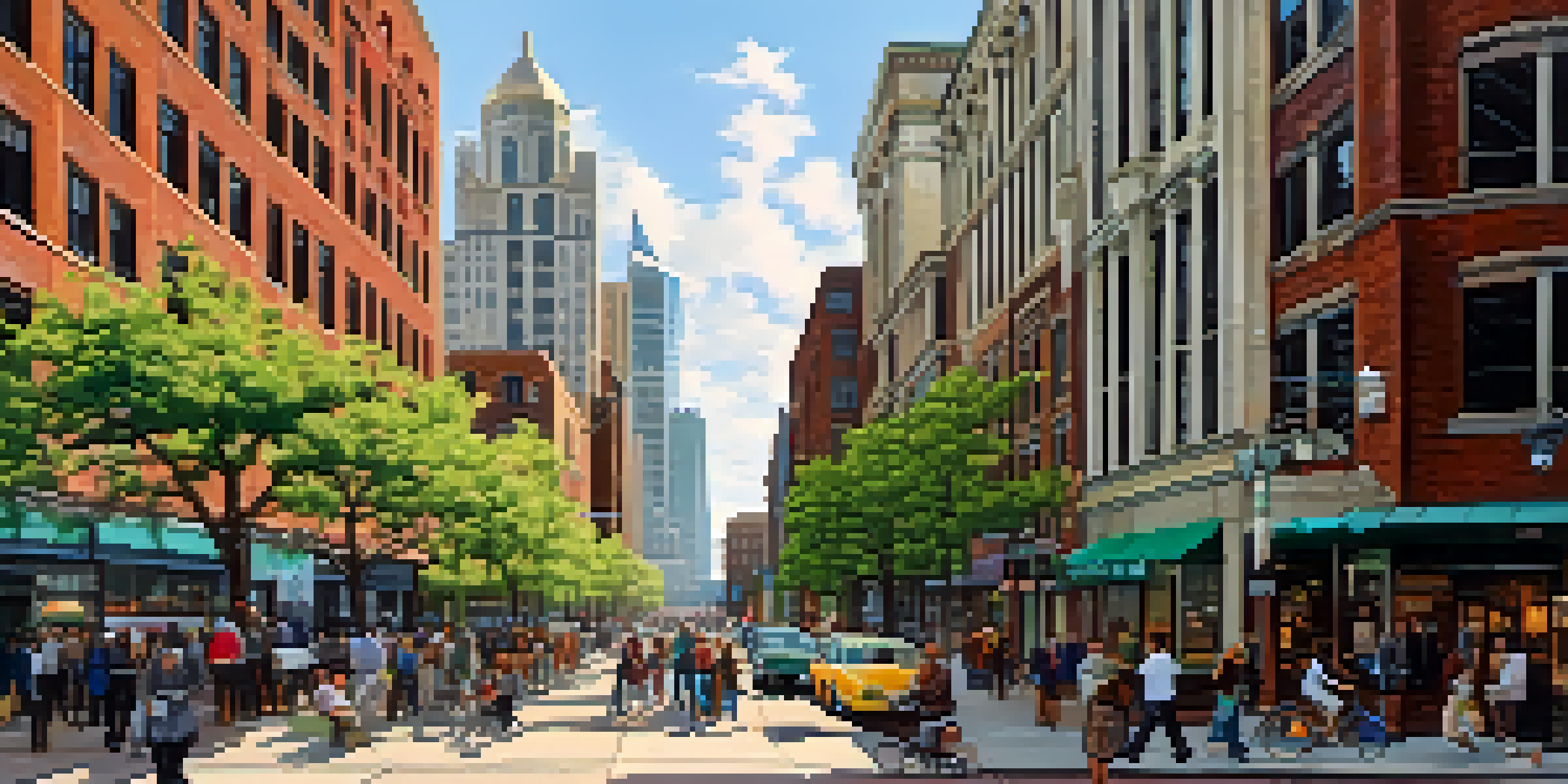 A lively street scene in Detroit featuring modern and historic buildings, with diverse people going about their day under a clear blue sky.
