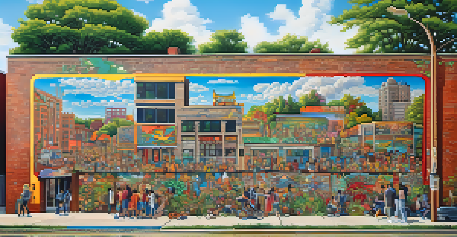 A vibrant community mural in Detroit by Asian American artists, featuring cultural symbols and stories, surrounded by greenery and illuminated by sunlight.