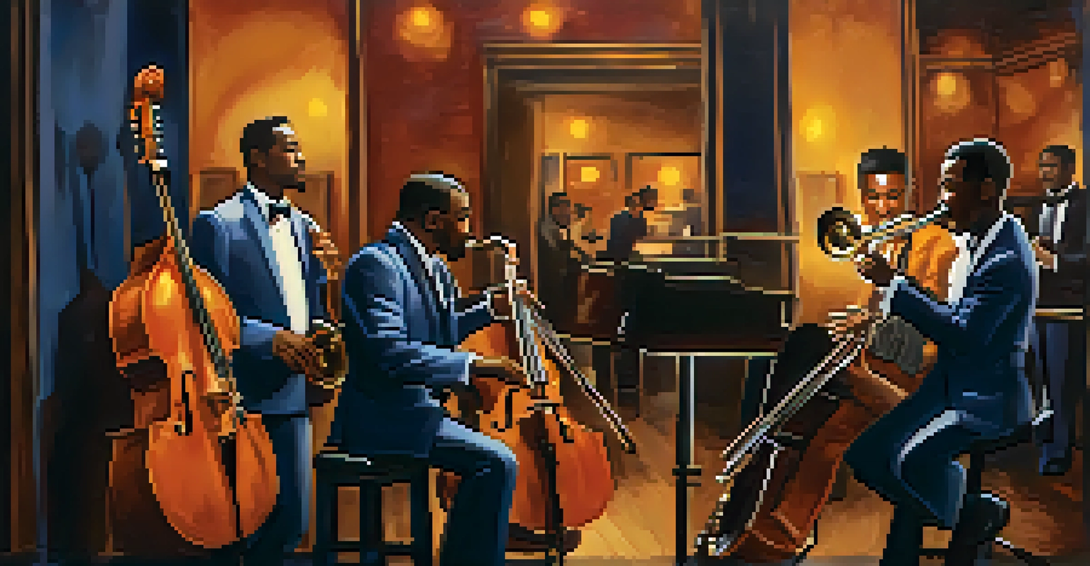 An intimate jazz club in Detroit, showcasing musicians playing in a warmly lit atmosphere with vintage decor.