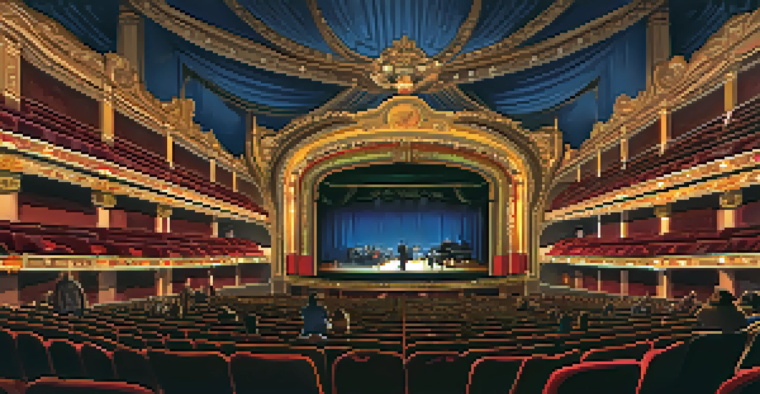 The ornate interior of Fox Theatre in Detroit, featuring a grand stage and an audience eagerly waiting for a concert, illuminated by soft lighting.