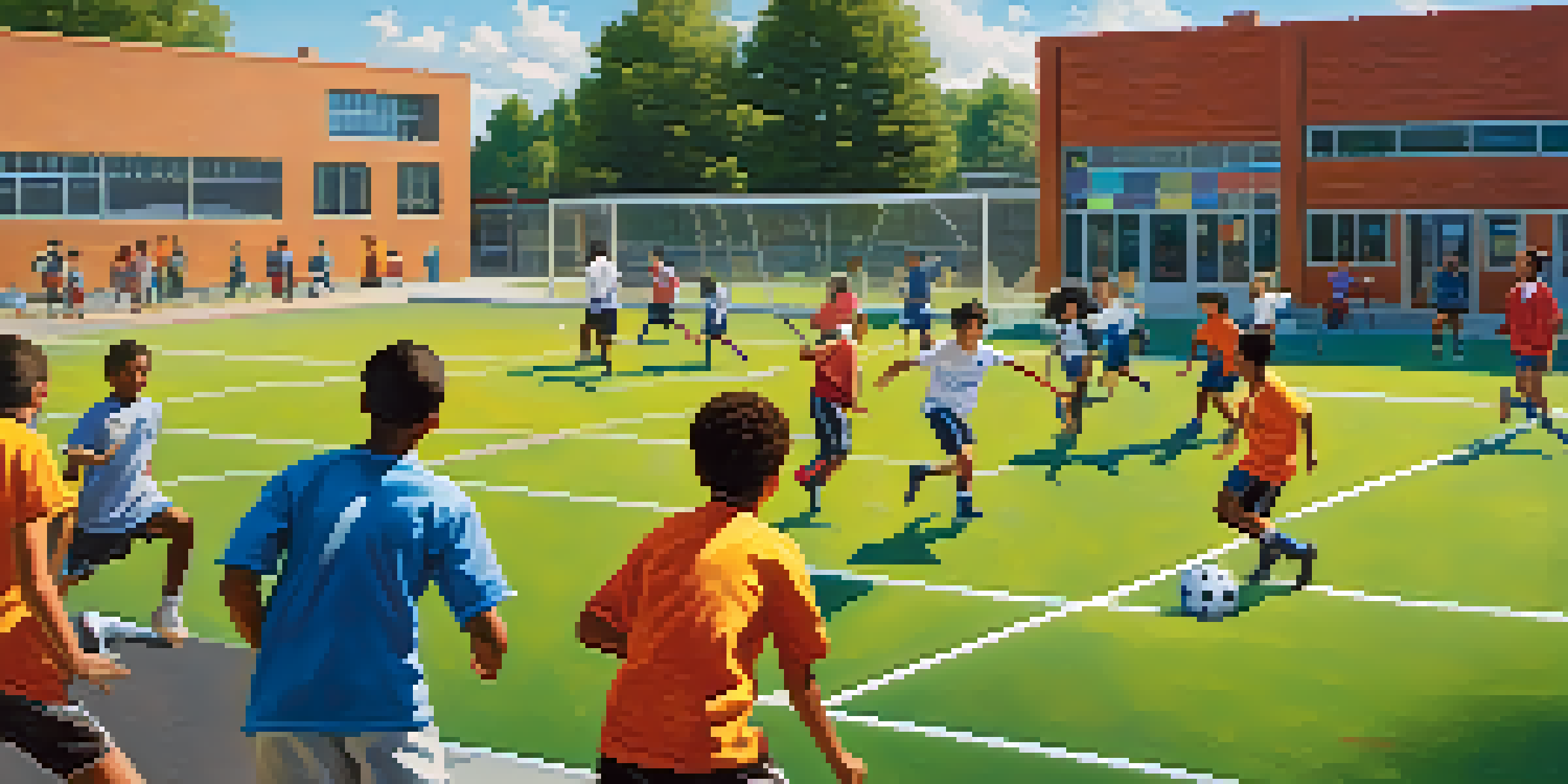 A diverse group of students practicing soccer, collaborating and communicating with each other on a sunny day.