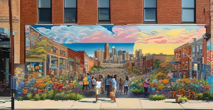 A colorful mural in Corktown, Detroit, featuring various cultural symbols and artists working together under warm sunlight.