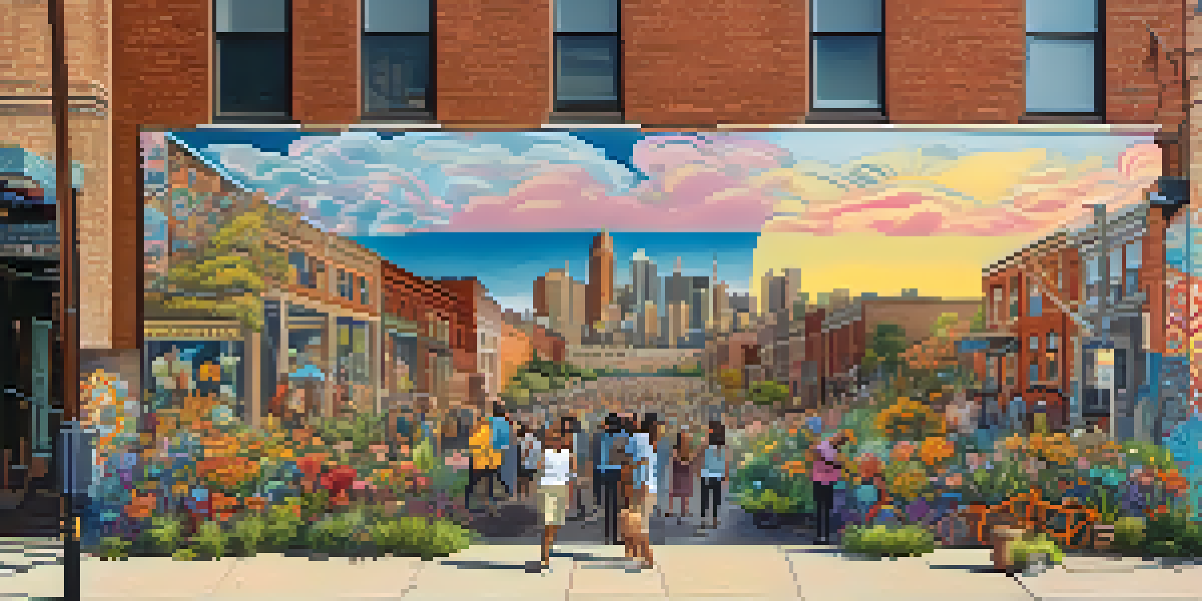 A colorful mural in Corktown, Detroit, featuring various cultural symbols and artists working together under warm sunlight.