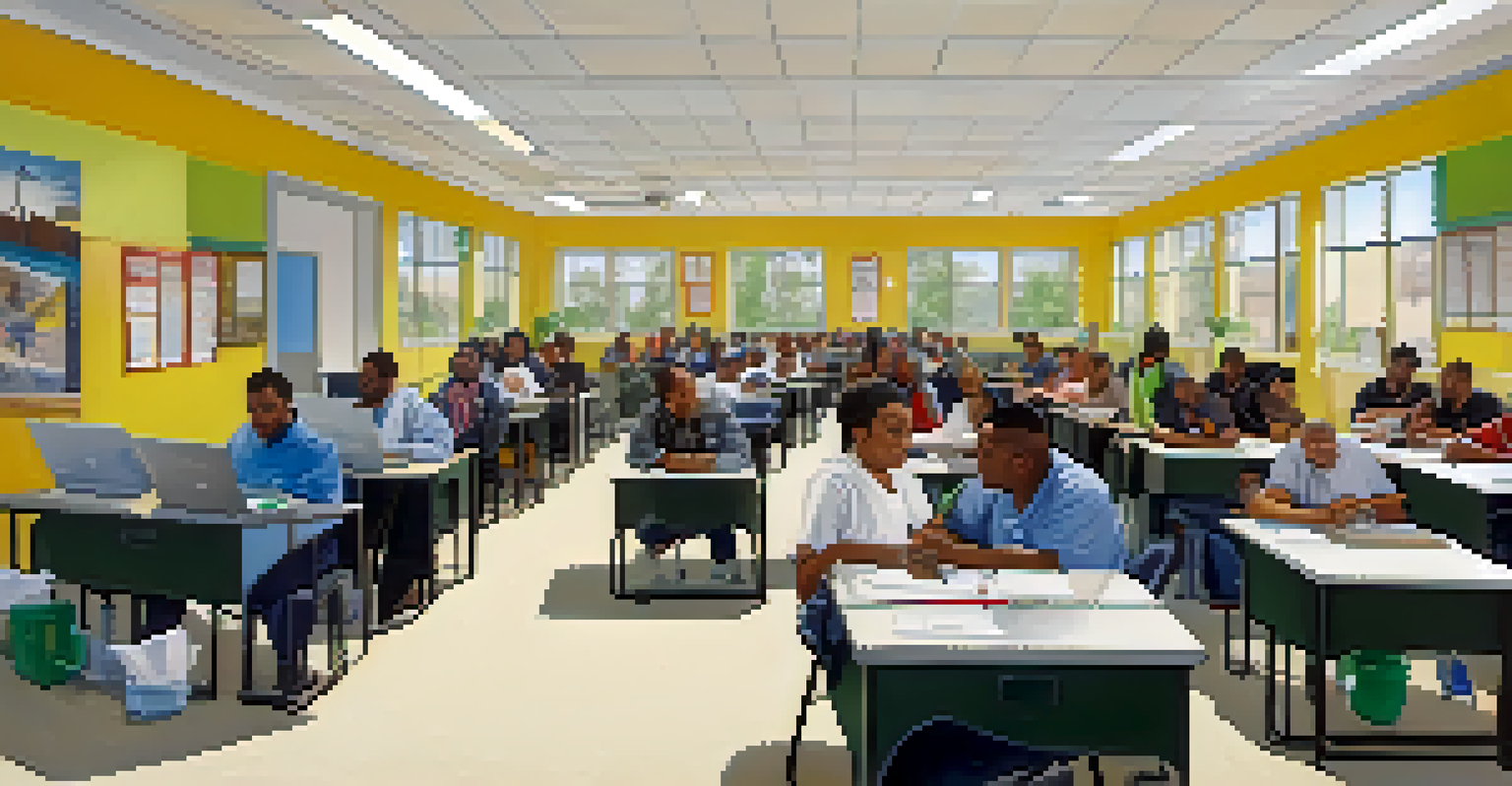 A community workforce development center in Detroit, filled with people engaged in training sessions, highlighting skill development and opportunity.