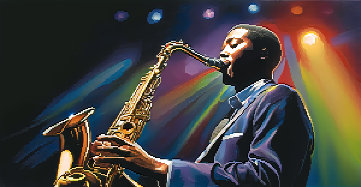 A close-up of a passionate saxophonist performing on stage at a jazz festival in Detroit, illuminated by colorful lights with an engaged audience in the background.