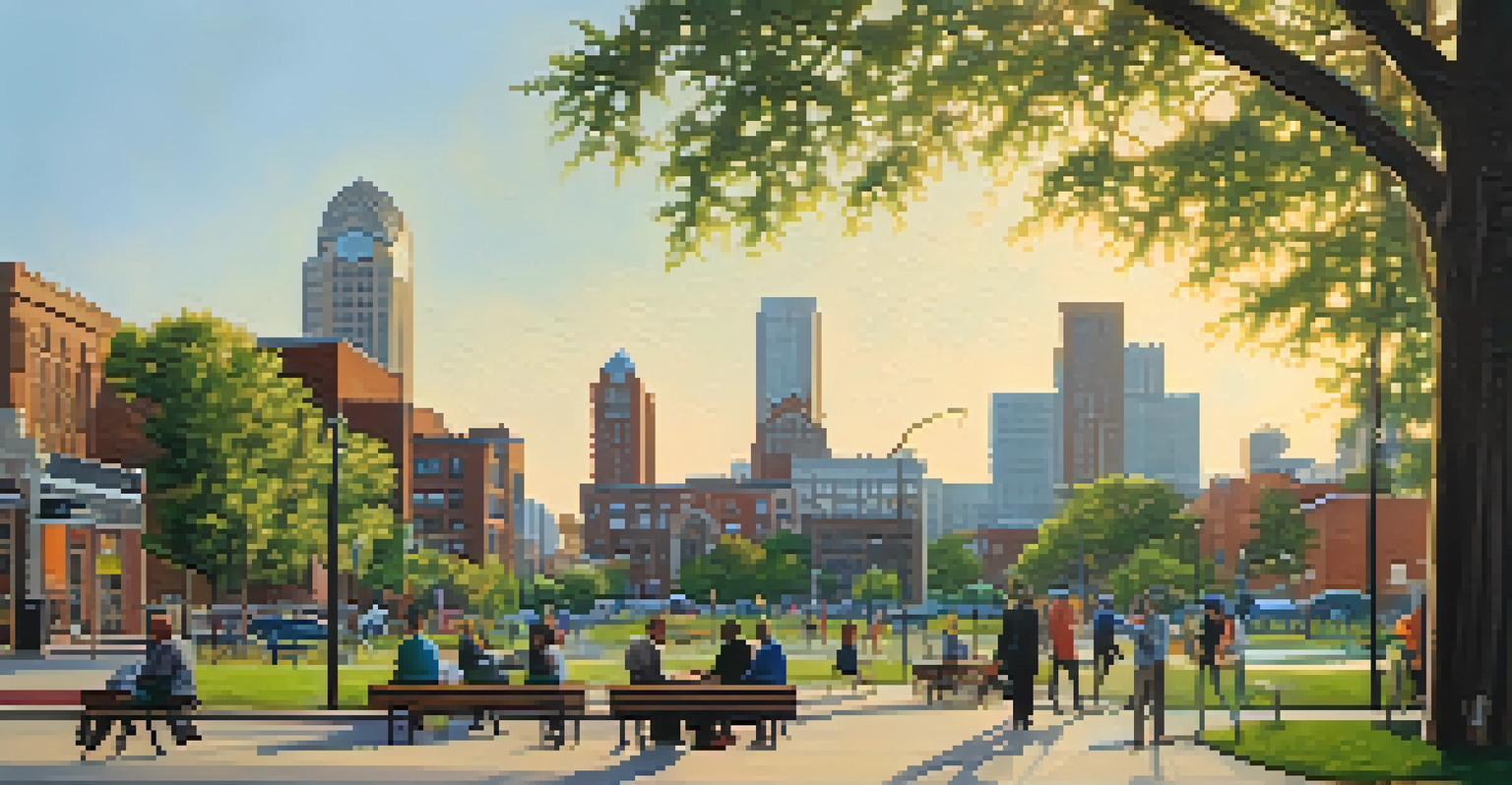 A revitalized area in Detroit with small businesses and green spaces, filled with people enjoying the outdoors.