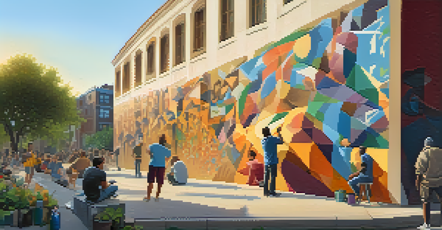 An artist painting an abstract mural with community members watching, surrounded by spray paint cans in warm golden hour light.