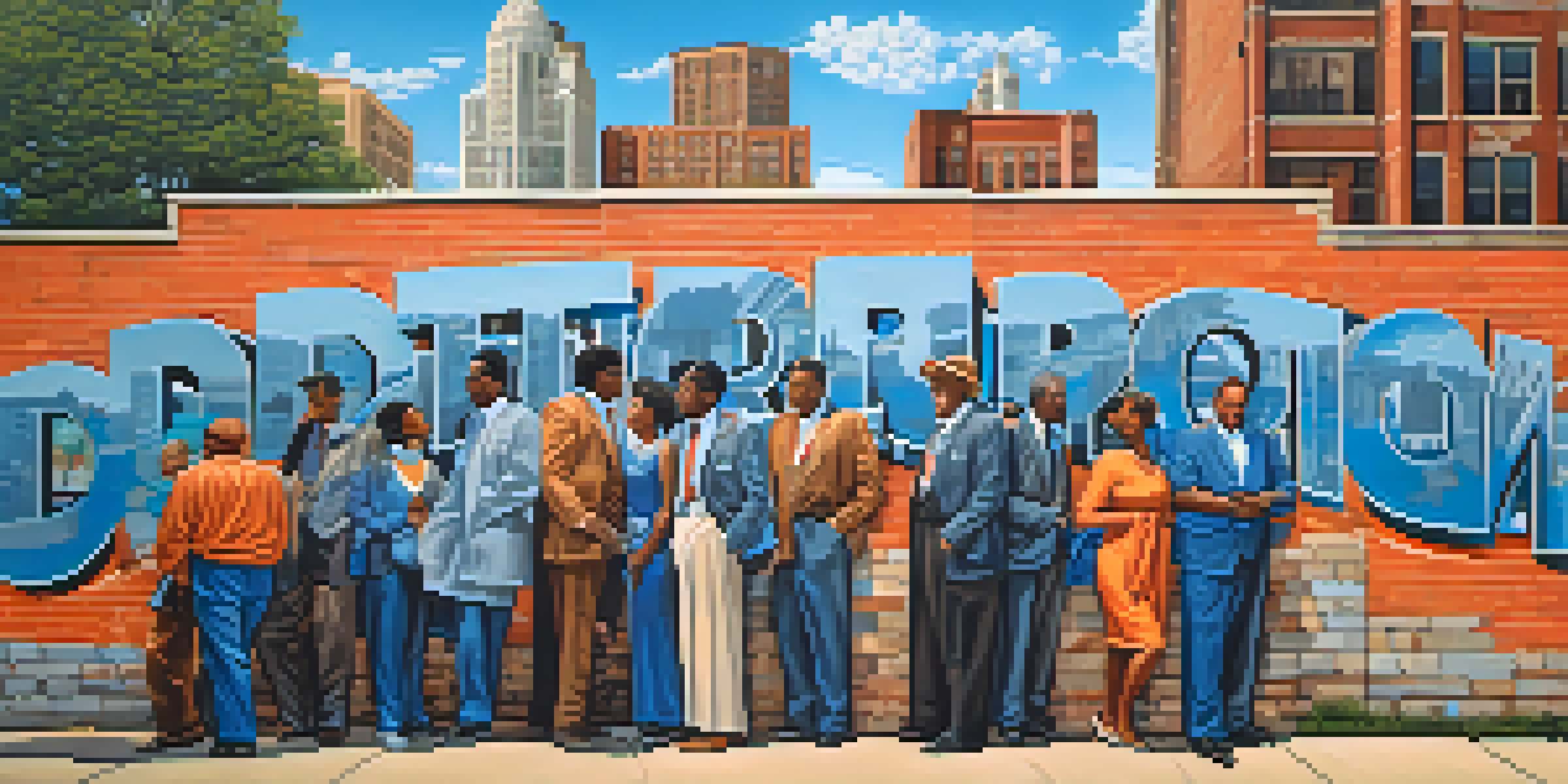 A vibrant mural that illustrates Detroit's Civil Rights Movement with diverse activists and leaders against the city's skyline.