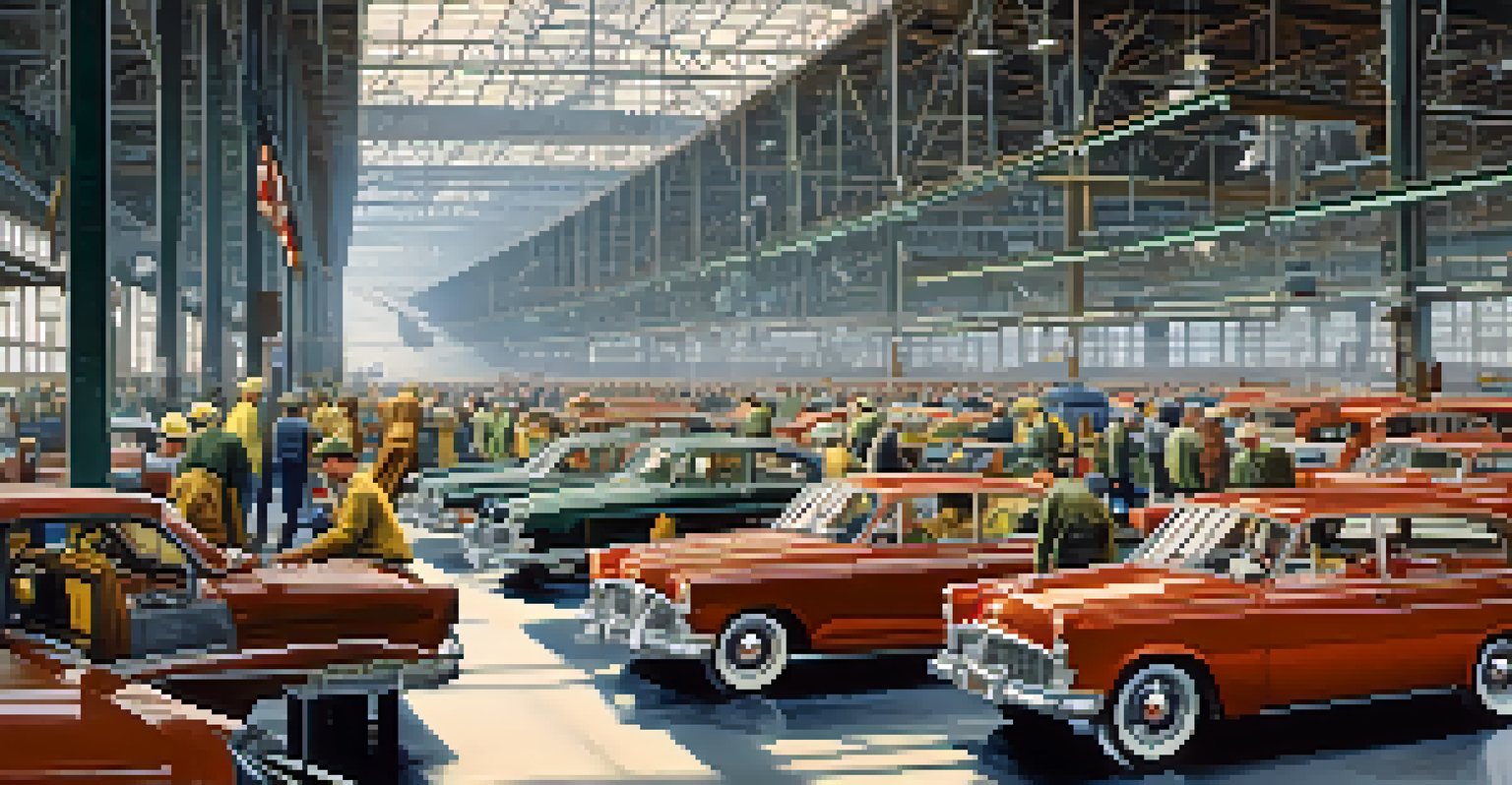 A mid-20th century automotive factory scene with workers assembling cars on the assembly line under bright natural light.