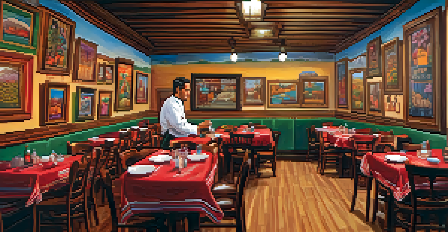 The interior of a family-owned Latino restaurant in Detroit, showcasing rustic decor, colorful artwork, and a chef preparing traditional dishes.