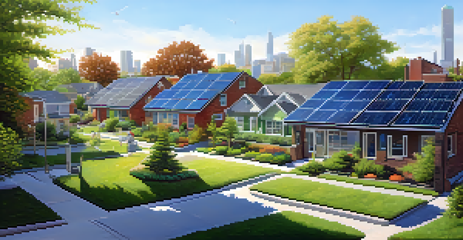 A peaceful Detroit neighborhood featuring solar panels, electric vehicle charging stations, and green gardens, under a clear blue sky, showcasing sustainable energy initiatives.