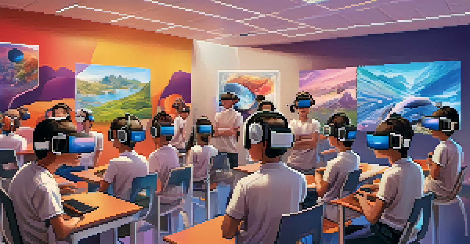 Students wearing VR headsets engaged in a virtual reality learning experience, surrounded by futuristic visuals in an innovative classroom.
