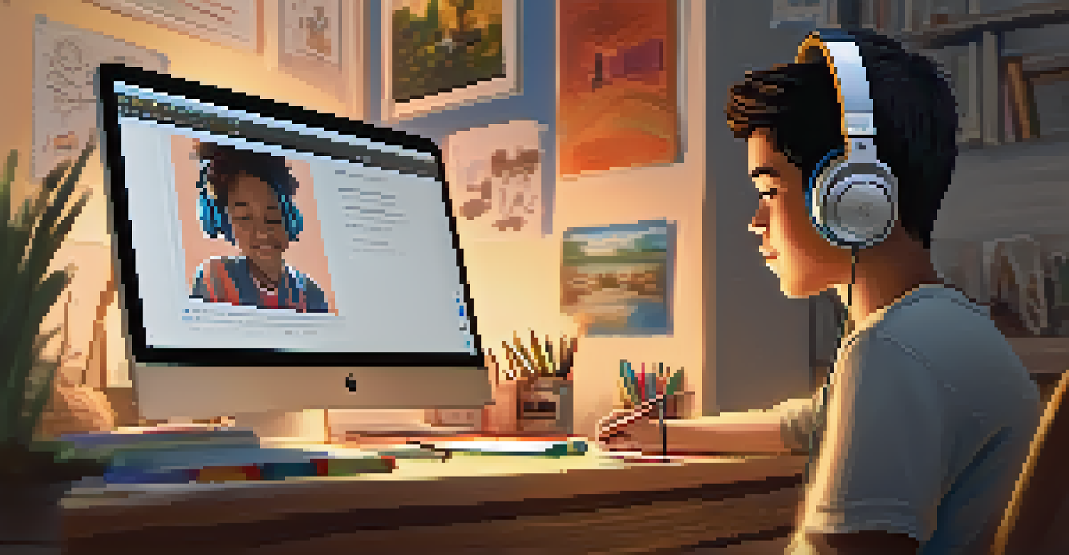 A young student engaged in an online class at a cozy desk in their bedroom, with personal decorations and soft lighting.