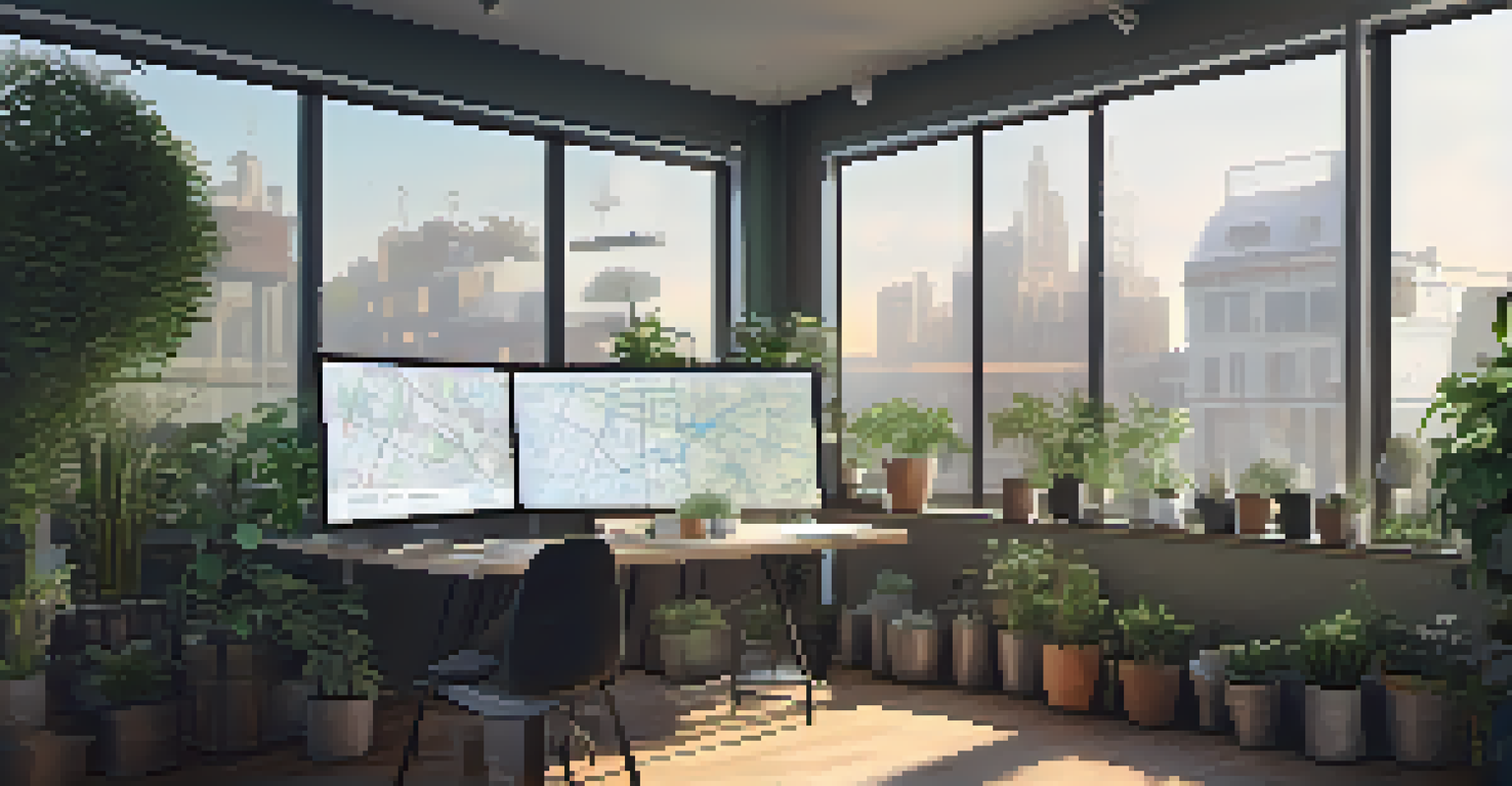 An urban planner's desk with a digital map on display, surrounded by plants and warm morning light.