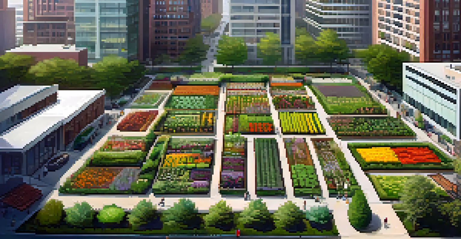 An aerial perspective of a flourishing community garden in Detroit, surrounded by urban buildings, showcasing green rows of plants and colorful flower beds.