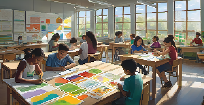 A lively classroom with students of different backgrounds working together on a community garden project, surrounded by educational materials and bright daylight.
