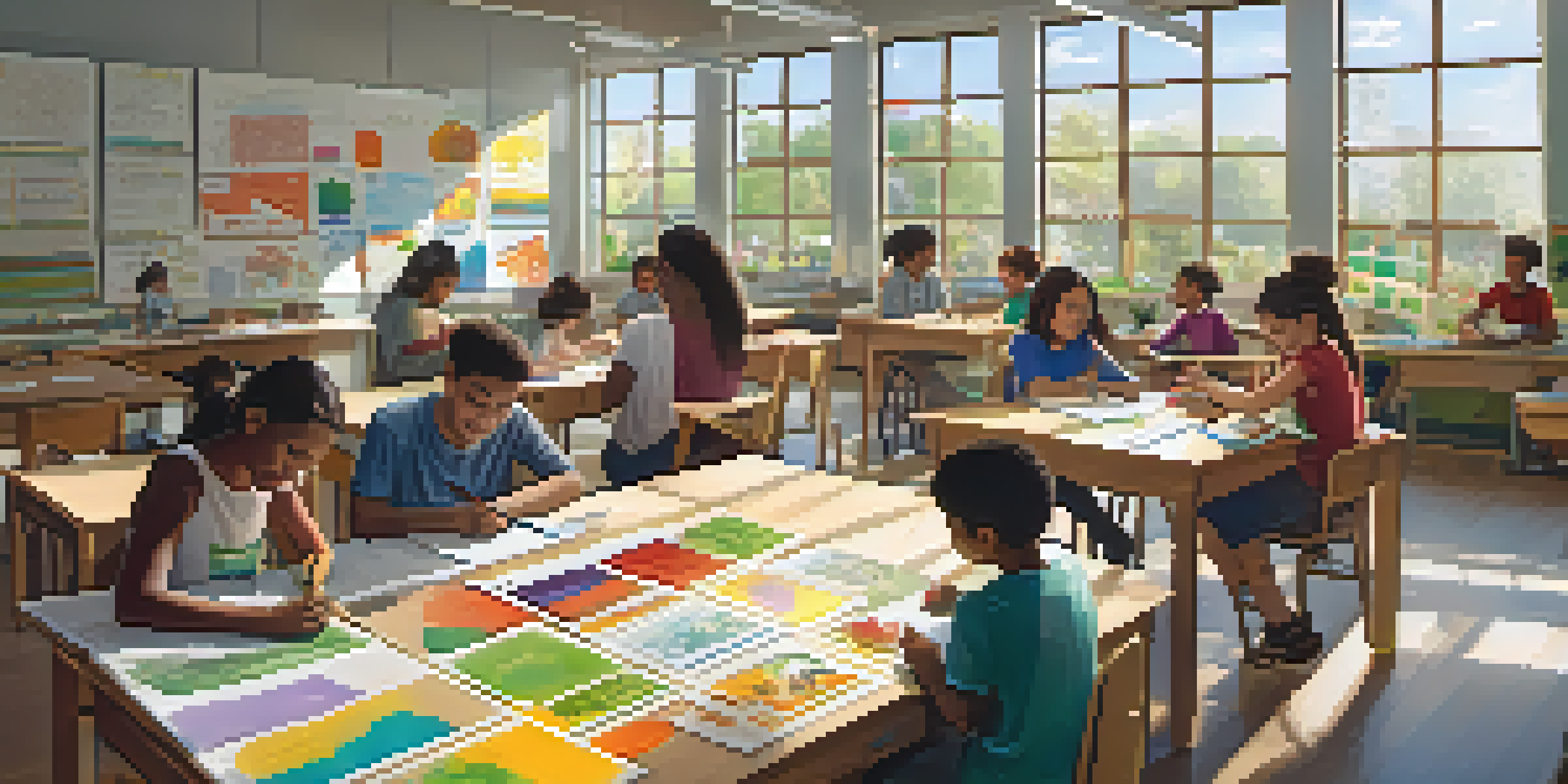 A lively classroom with students of different backgrounds working together on a community garden project, surrounded by educational materials and bright daylight.