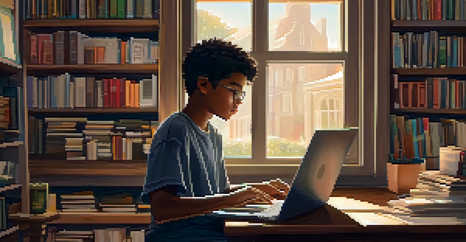 A young person intensely focused on a laptop, working on a coding program in a cozy room filled with bookshelves and inspirational posters, illuminated by natural light.